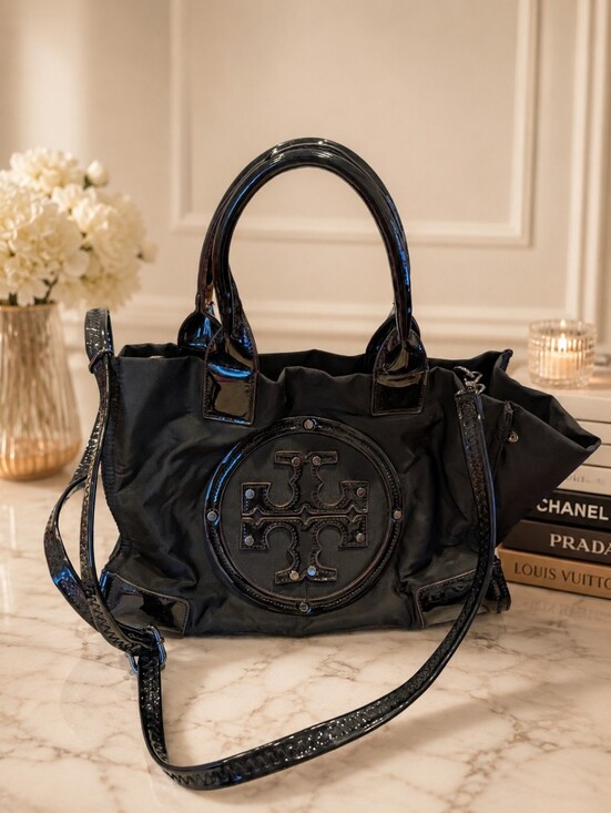 Tory Burch Handbags - Tory Burch Black Patent Trim Logo Shoulder Bag